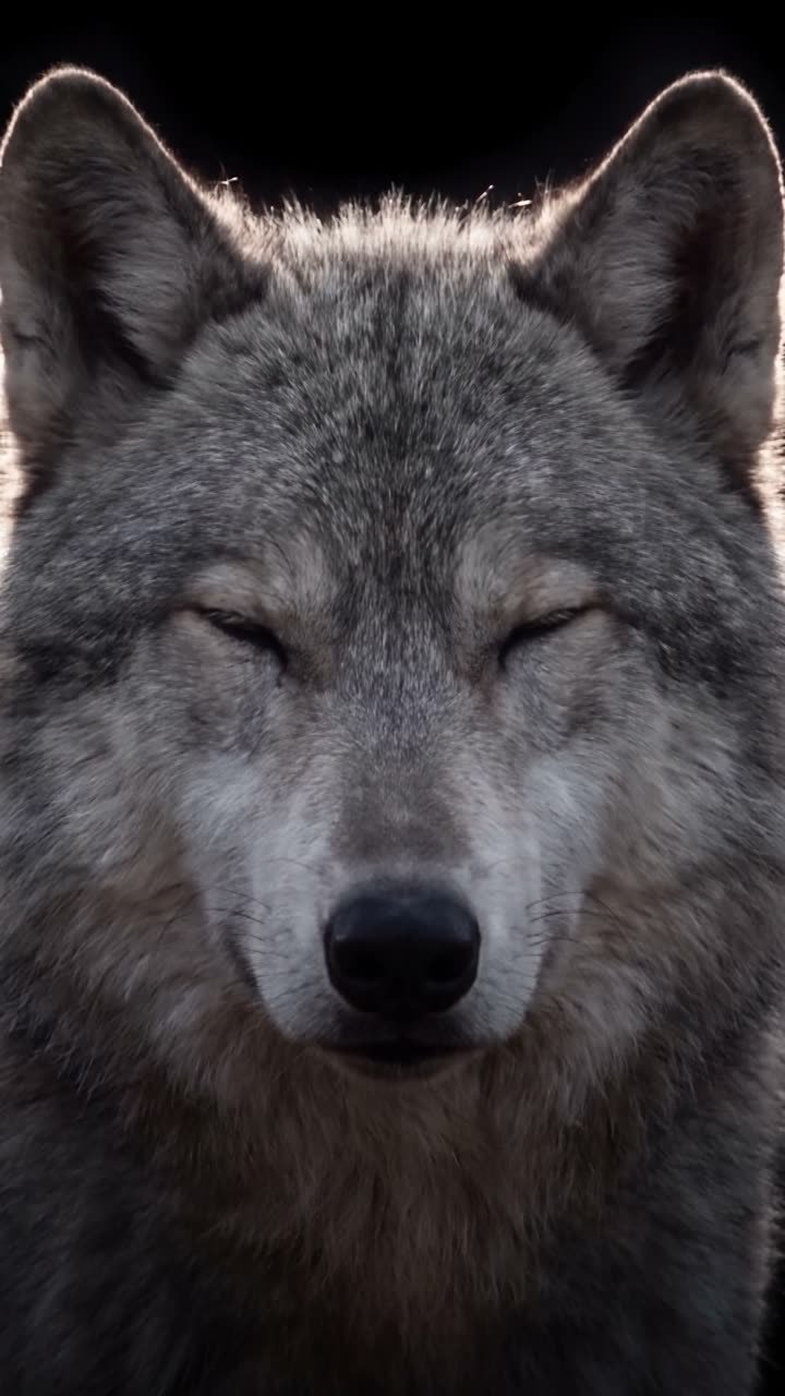 Still from the promotional film: a backlit wolf against deep black.